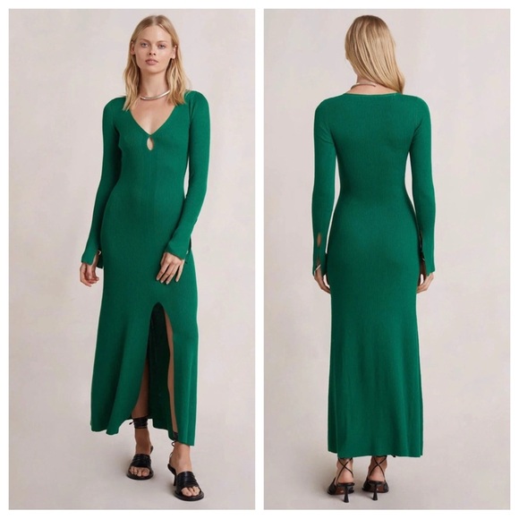 bec + bridge Dresses & Skirts - Bec + Bridge Freya Knit V-Neck Maxi Dress Formfitting Stretch Long Sleeve Slit